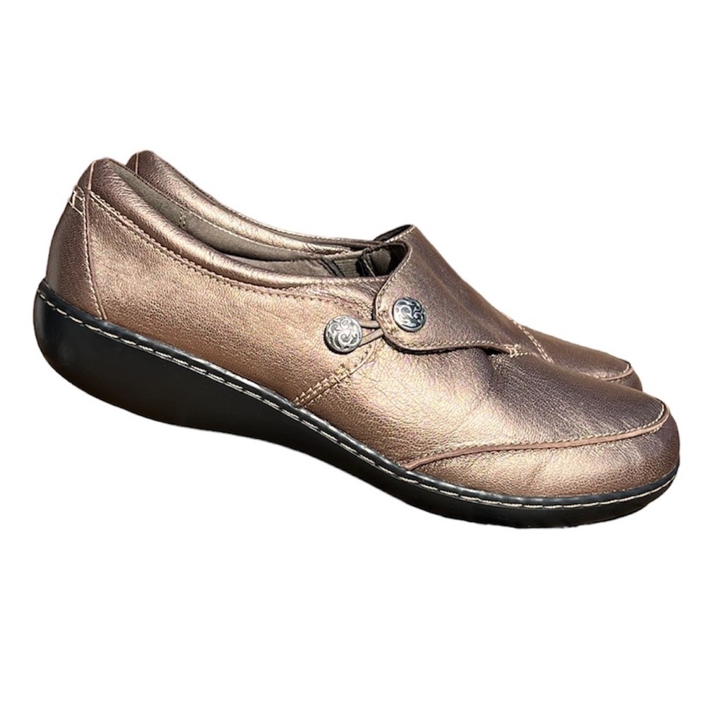 - Clarks Collection SZ 11 Bronze Gold Leather Dress Loafer! EUC!